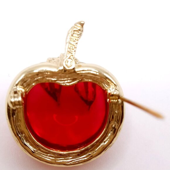 Vintage Sarah Coventry Brooch Gold-tone Cabochon Lucite Leaf Red Apple Design - Picture 8 of 10